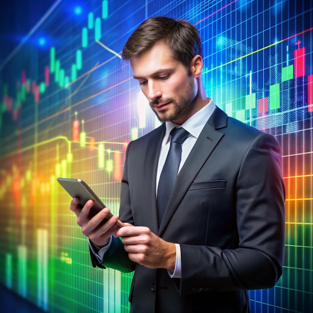 Stock market Businessman using a mobile device to check market data and currency exchange rates on colorful background