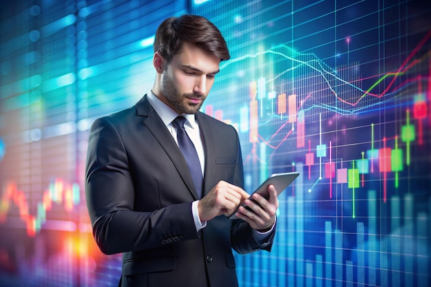 Stock market Businessman using a mobile device to check market data and currency exchange rates on colorful background