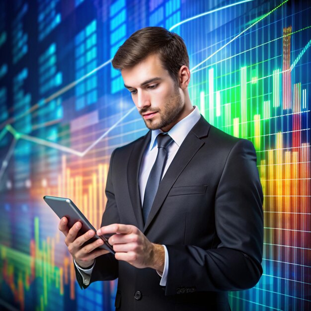 Stock market Businessman using a mobile device to check market data and currency exchange rates on colorful background