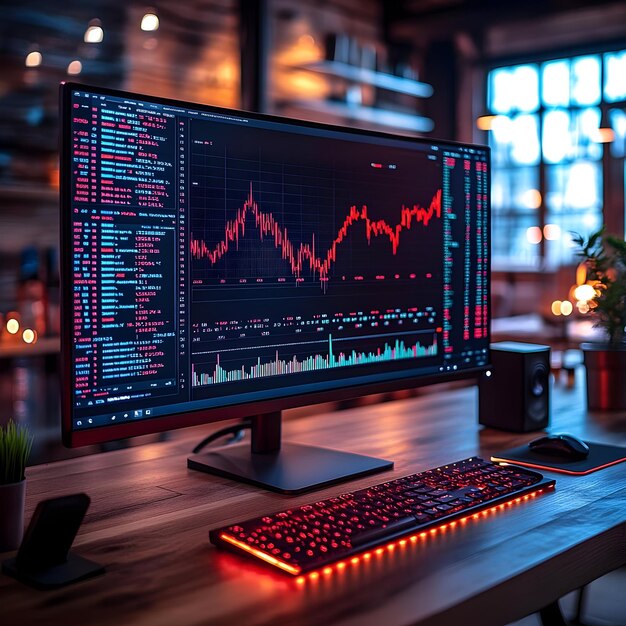 Stock Market Data Displayed on a Computer Monitor with Red Backlighting