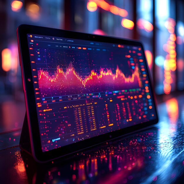 Stock Market Data On Tablet Screen with City Lights Background Realistic Image