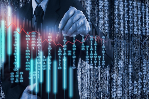 Stock market or forex trading graph and candlestick chart for financial investment background.