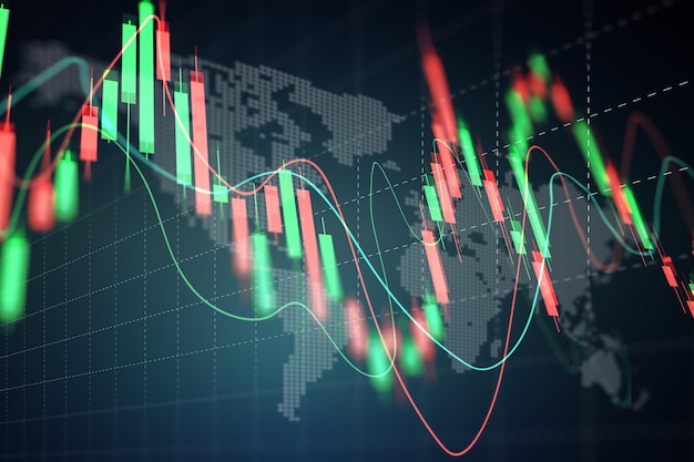 Stock market or forex trading graph with map world representing the global network line wire frame data business concept banner