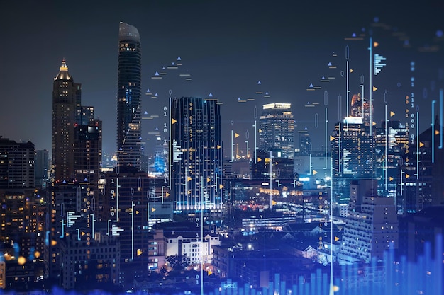 Stock market graph hologram night panorama city view of Bangkok popular location to gain financial education in Southeast Asia The concept of international research Double exposure