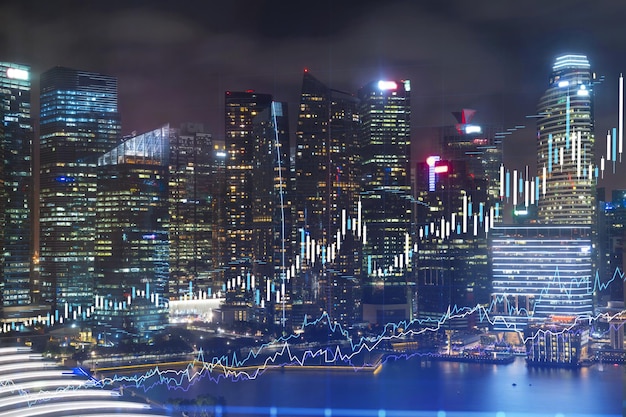 Stock market graph hologram night panorama city view of Singapore popular location to gain financial education in Asia The concept of international research Double exposure