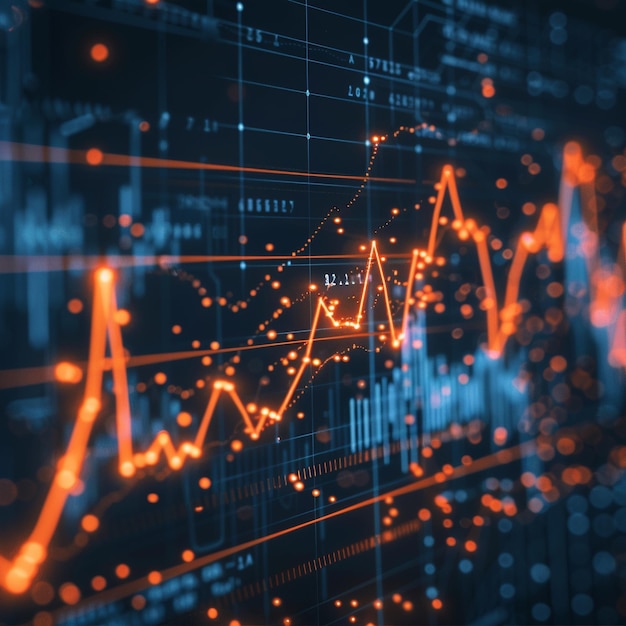 A stock market graph with an orange line showing economic downturn