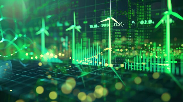 Stock market graphs and economic data visualized with icons of solar panels