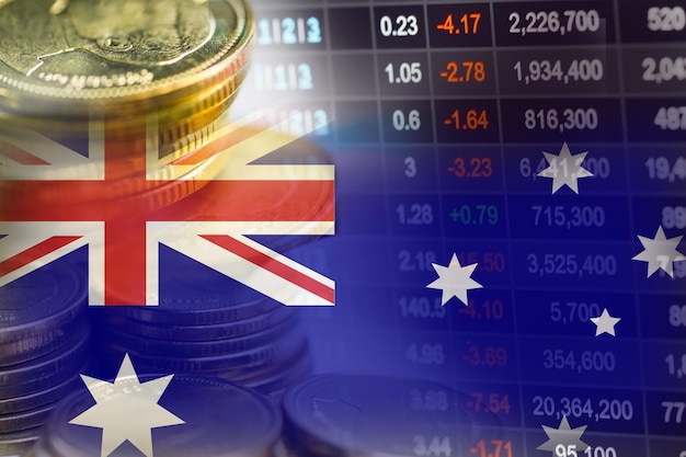 Stock market investment trading financial coin and Australia flag or Forex for analyze profit finance business trend data background