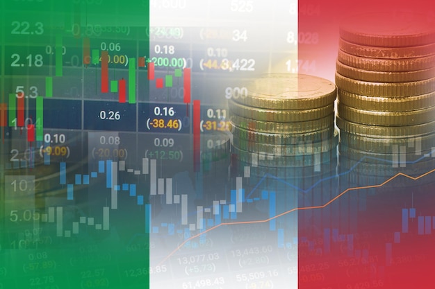 Stock market investment trading financial coin and Italy flag or Forex for analyze profit finance business trend data background