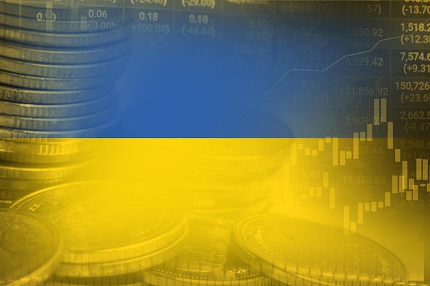 Stock market investment trading financial coin and Ukraine flag or Forex for analyze profit finance business trend data background