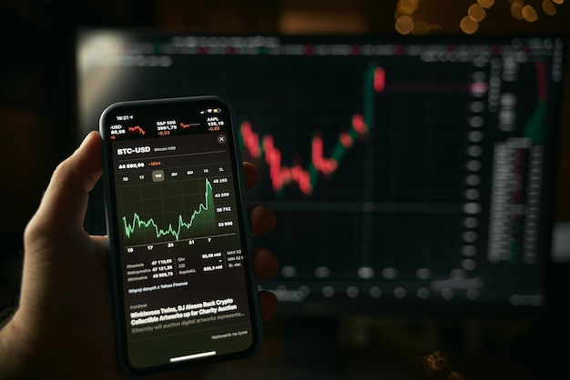 Stock market on the screen of the phone and in the background Stock analysis and currency exchange