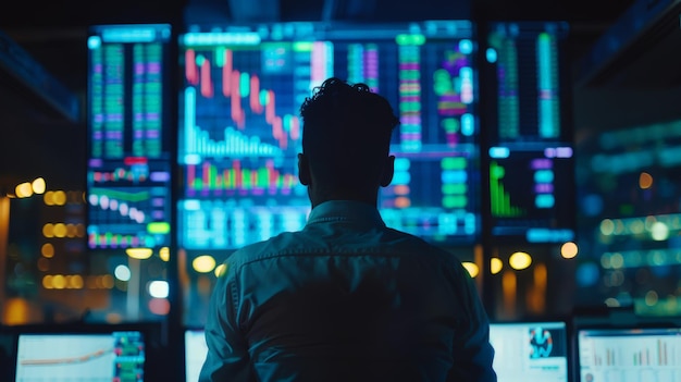 Stock Market Top Trader Looks at Projected Ticker Numbers and Graphs Running Analysing Data to Make Best Sell