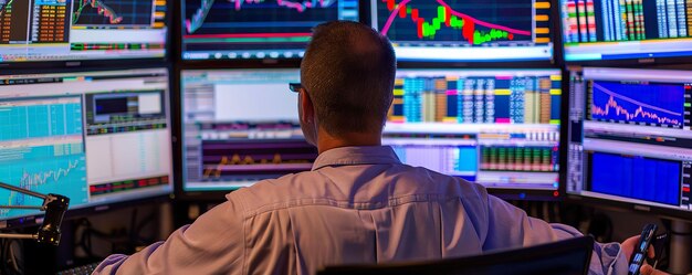 Stock market trader monitoring multiple screens filled with live trading data and colorful charts in a trading room