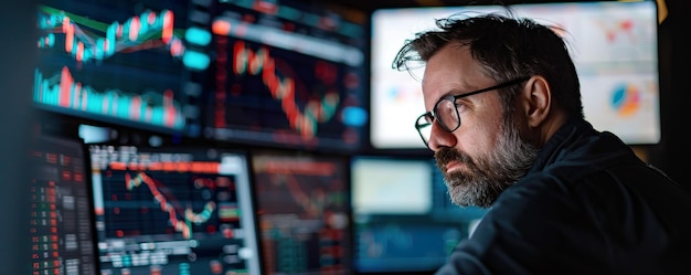 Stock market trader monitoring multiple screens filled with live trading data and colorful charts in a trading room