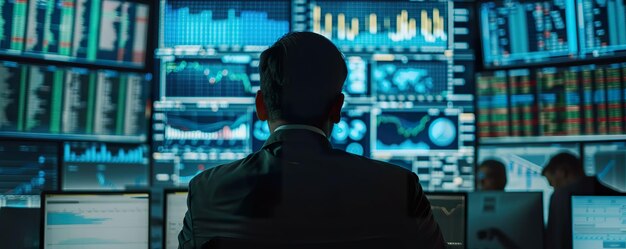 Stock market trader monitoring multiple screens filled with live trading data and colorful charts in a trading room