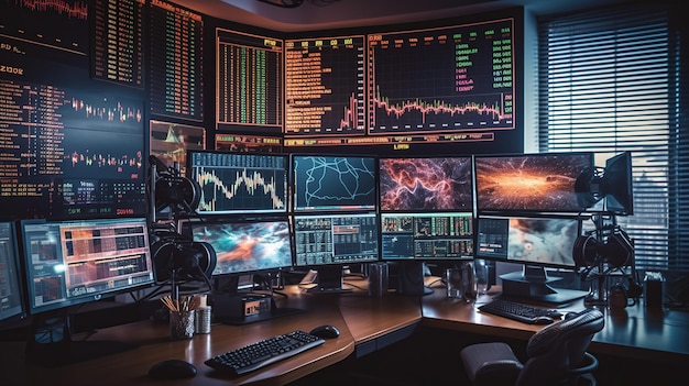 Stock market and trading screen monitors on the table generative AI