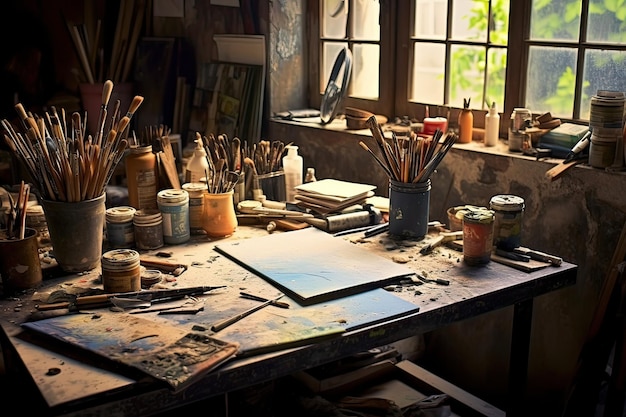 stock photo of a art workshop studio with stuff tools Generative AI