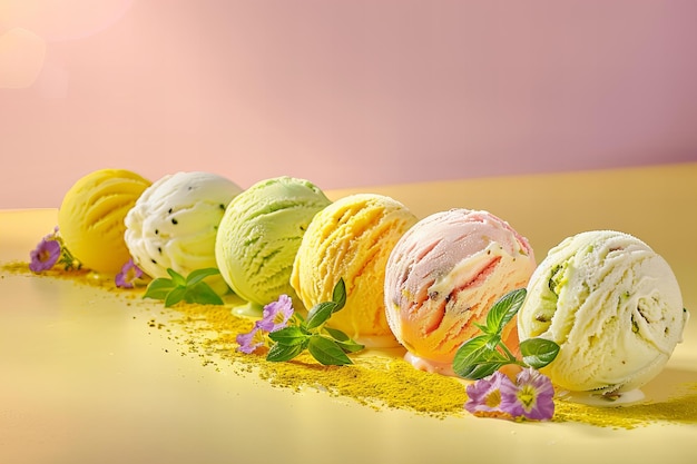 Photo stock photo of an artistic photo of five ice cream flavors such as mango and pistachio in one ball v