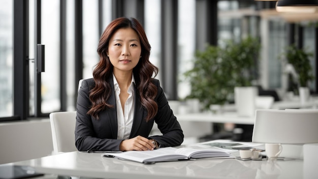 stock photo of an Asian businesswoman on a spotless white desk