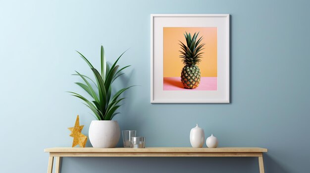 A stock photo of a blank white frame mockup next to a pineapple with a summer theme Generative AI