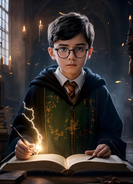 Stock Photo of Boy with Lightning Scar Round Glasses and Wand at Hogwarts