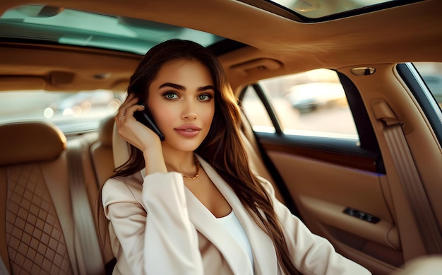 Stock photo a business woman sitting in a car talking on a cell phone