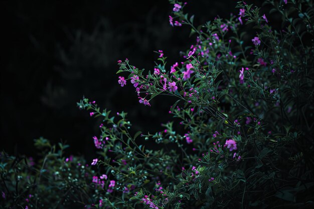 Photo stock photo of a dark night a dark green bush with small purple flowers many flowers in the foregrou