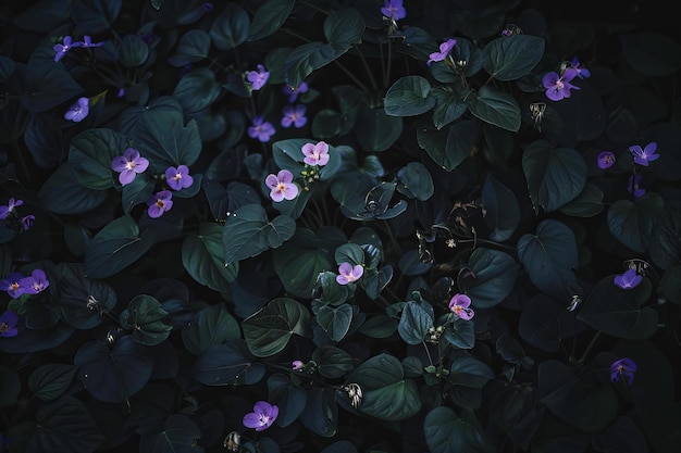 Photo stock photo of a dark night with many small purple flowers growing on the ground black background ph