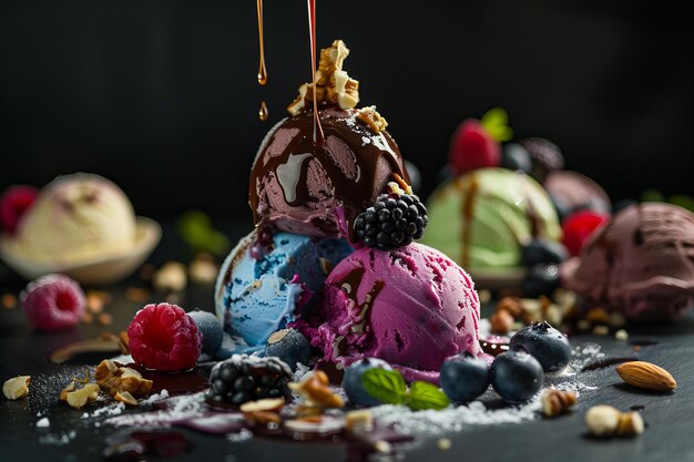 Photo stock photo of food photography of colorful ice cream with blueberries blackalms and nuts on top is