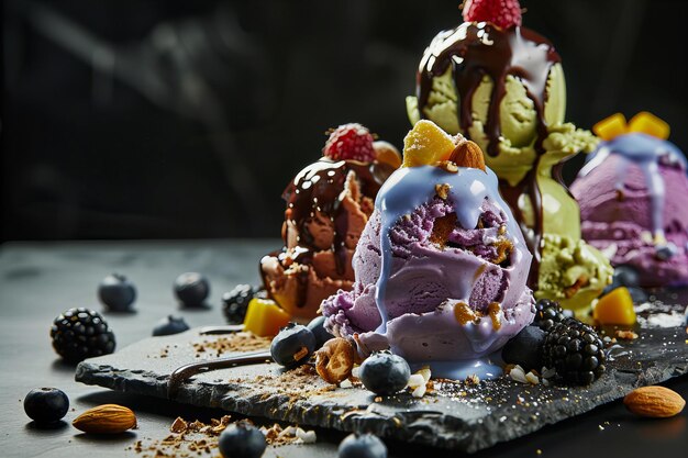 Photo stock photo of food photography of colorful ice cream with blueberries blackalms and nuts on top is