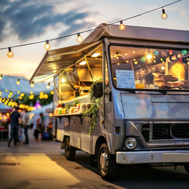 Photo stock photo food truck in city festival wide angle photo copy space for text bokeh style raw job id