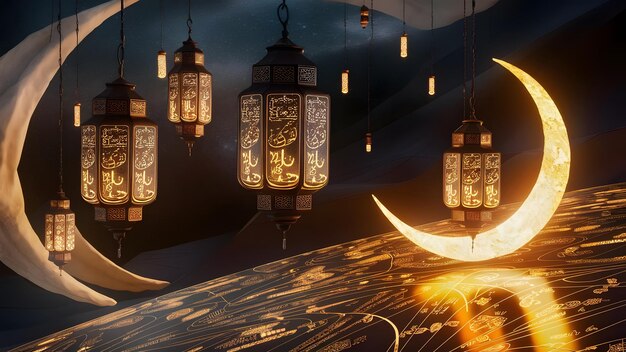 Stock photo of hanging lanterns in space and a crescent moon