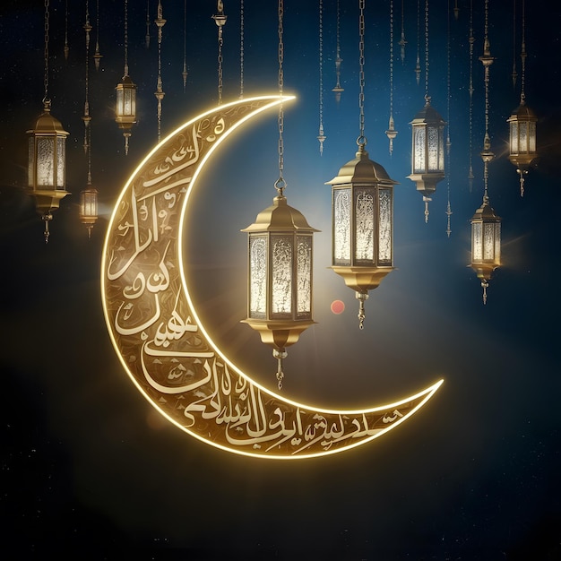 Stock photo of hanging lanterns in space and a crescent moon