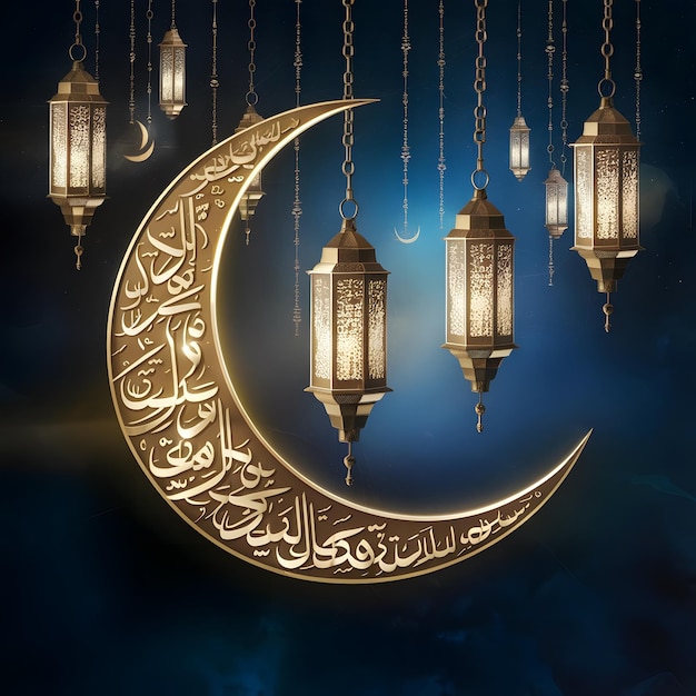 Stock photo of hanging lanterns in space and a crescent moon