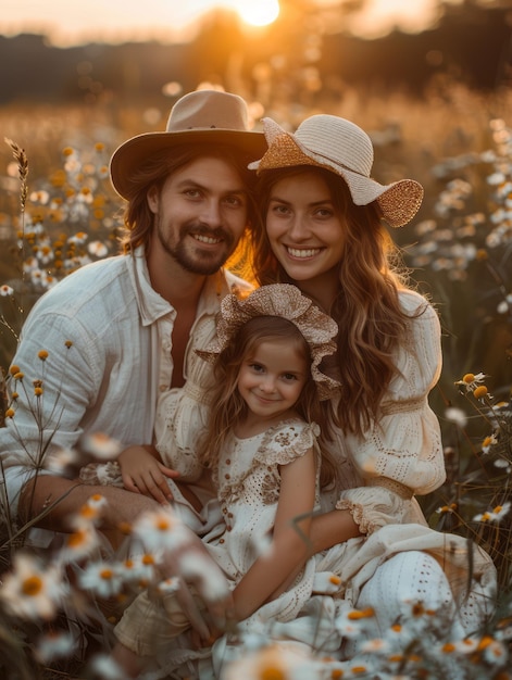 stock photo Happy young family sitting on meadow Wide angle beautiful sunset lights Ample copy space