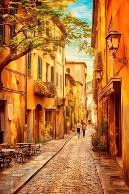 Stock photo of an old village street with trees and people