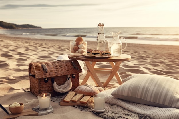 stock photo of picnic with beach view full of details Generative AI