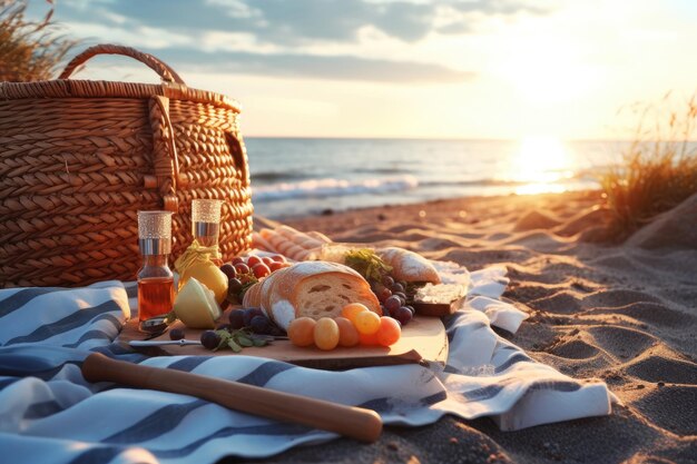 stock photo of picnic with beach view full of details Generative AI