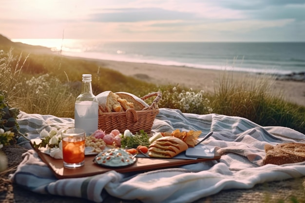 stock photo of picnic with beach view full of details Generative AI