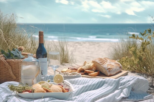 stock photo of picnic with beach view full of details Generative AI