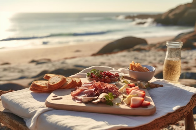 stock photo of picnic with beach view full of details Generative AI