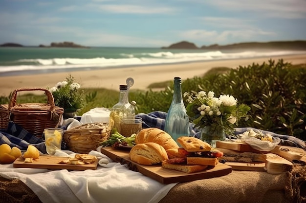 stock photo of picnic with beach view full of details Generative AI