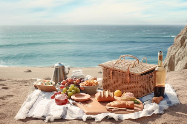 stock photo of picnic with beach view full of details Generative AI