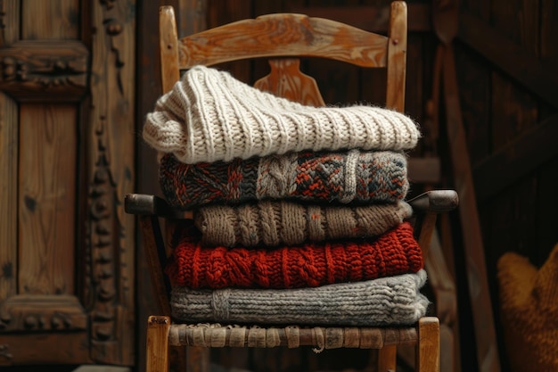 Stock Photo Stack of cozy knitted sweaters on a wooden chair