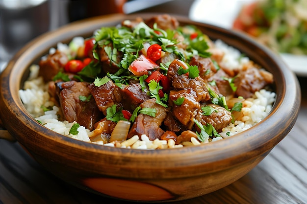 Stock Photo of a Table with a Dish of Meat and Rice