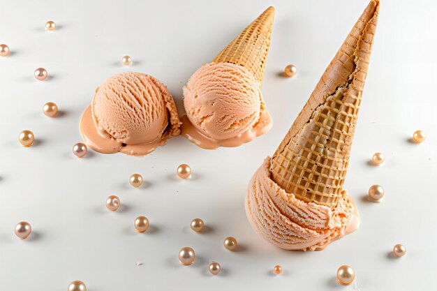 Photo stock photo of two ice cream cones one with two peach colored scoops lying flat in front of the othe