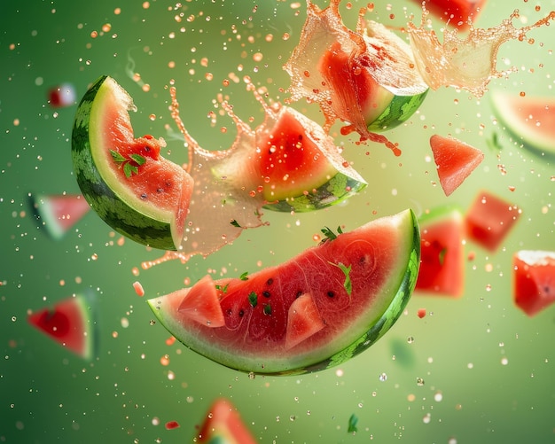 Stock photo of a watermelon with slices flying through the air splashes of juice and pulp around it