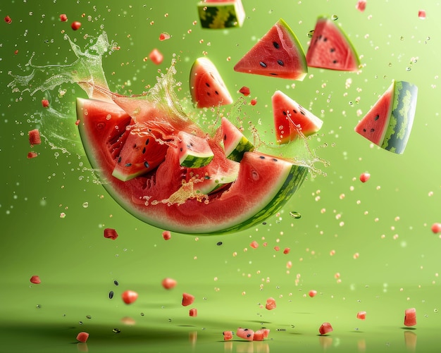 Stock photo of a watermelon with slices flying through the air splashes of juice and pulp around it