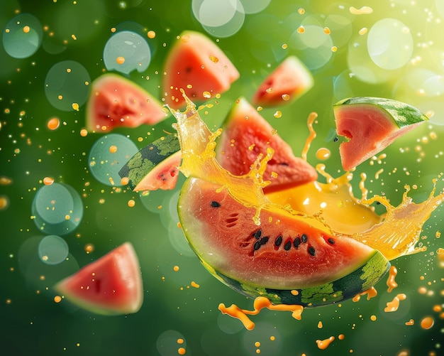 Stock photo of a watermelon with slices flying through the air splashes of juice and pulp around it