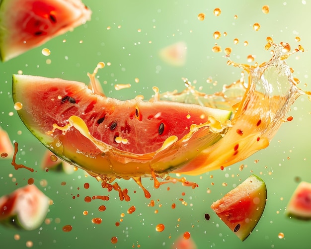 Stock photo of a watermelon with slices flying through the air splashes of juice and pulp around it